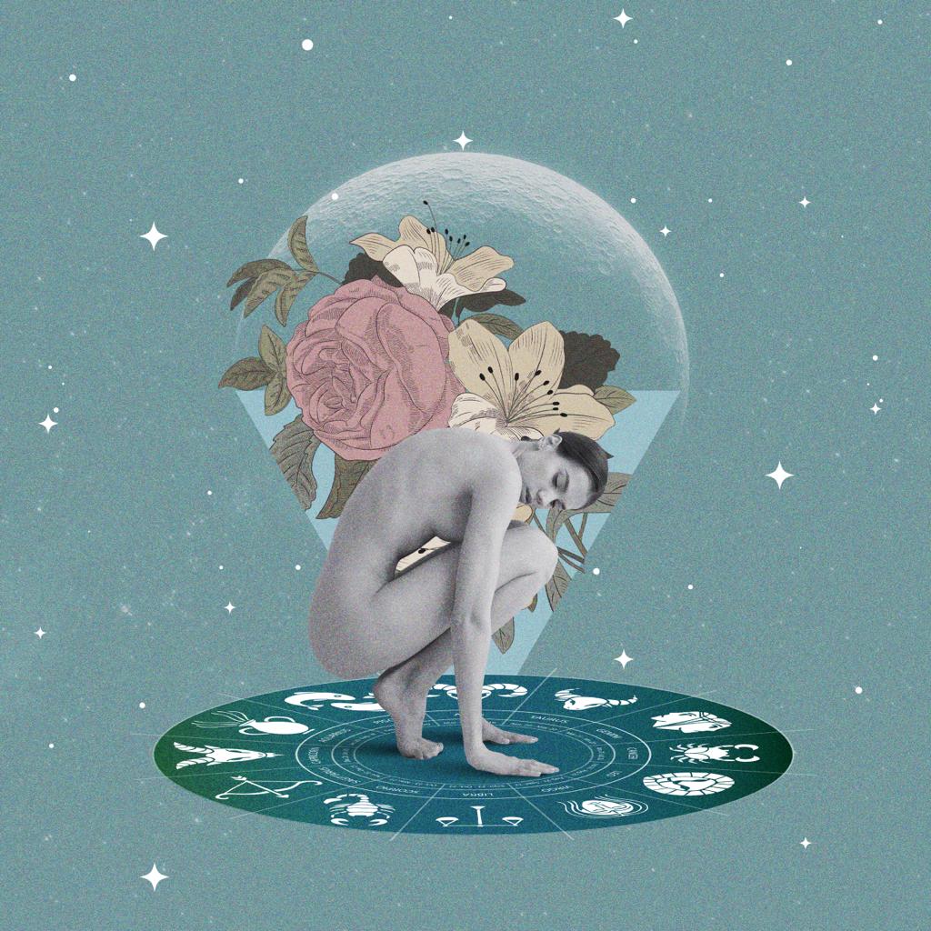 figura raccolta con simboli zodiacali e luna sullo sfondo introspezione e cicli interiori - medipthazione