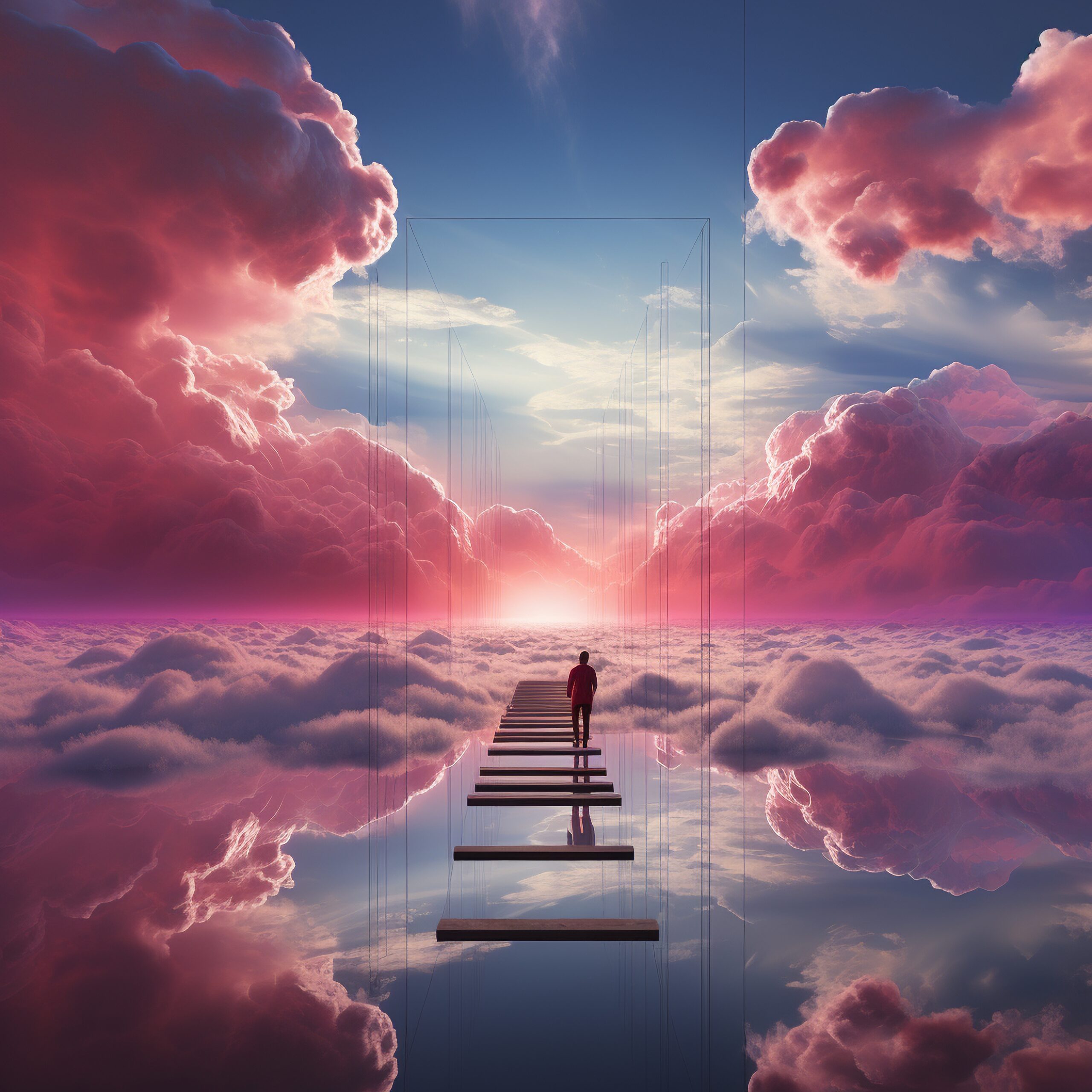 figura che cammina verso la luce tra nuvole e riflessi - medipthazione